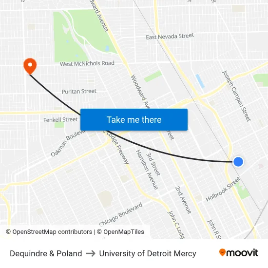 Dequindre & Poland to University of Detroit Mercy map