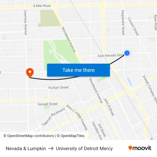 Nevada & Lumpkin to University of Detroit Mercy map