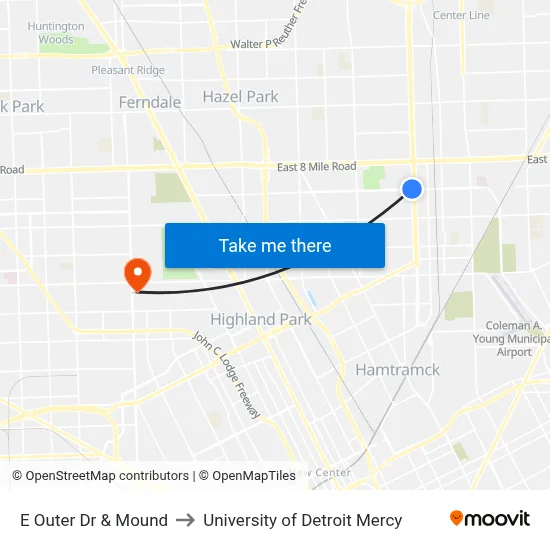 E Outer Dr & Mound to University of Detroit Mercy map