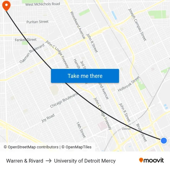 Warren & Rivard to University of Detroit Mercy map