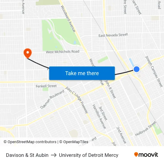 Davison & St Aubin to University of Detroit Mercy map