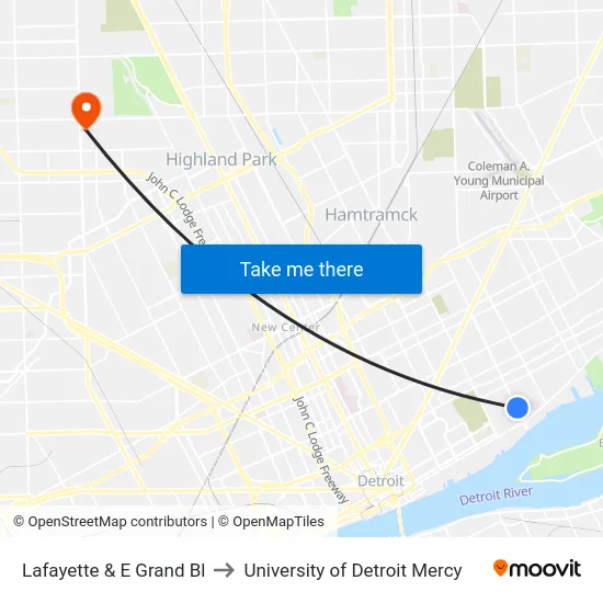 Lafayette & E Grand Bl to University of Detroit Mercy map