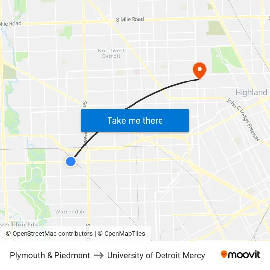 Plymouth & Piedmont to University of Detroit Mercy map