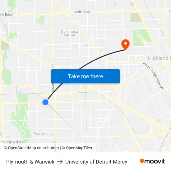 Plymouth & Warwick to University of Detroit Mercy map