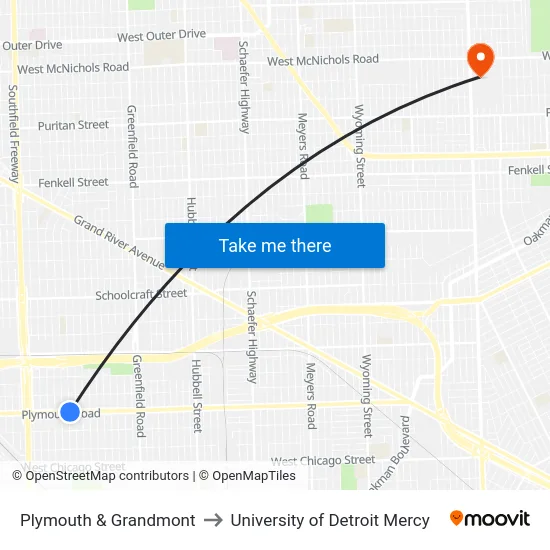 Plymouth & Grandmont to University of Detroit Mercy map