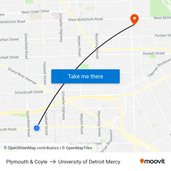Plymouth & Coyle to University of Detroit Mercy map