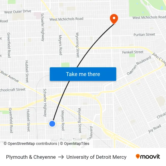 Plymouth & Cheyenne to University of Detroit Mercy map