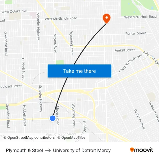 Plymouth & Steel to University of Detroit Mercy map