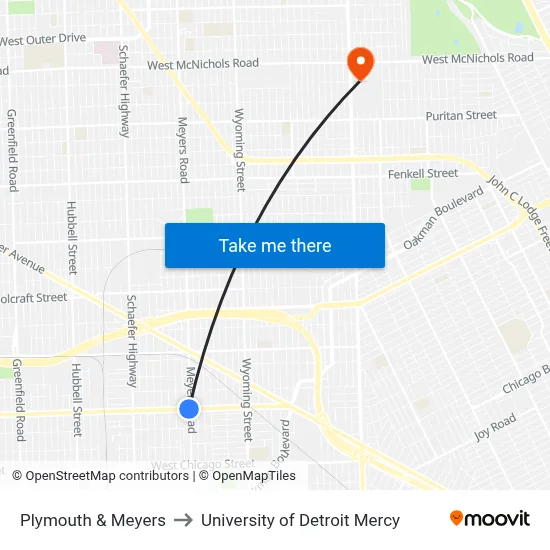 Plymouth & Meyers to University of Detroit Mercy map