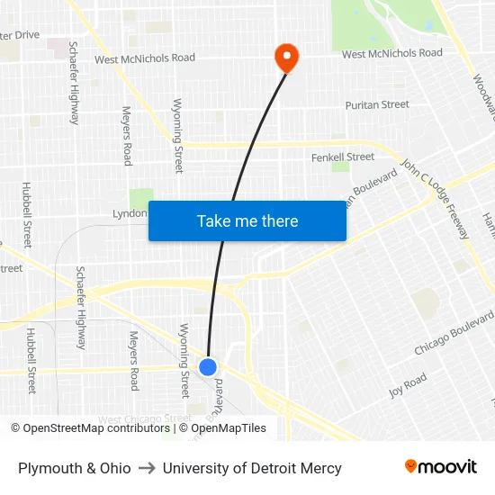 Plymouth & Ohio to University of Detroit Mercy map