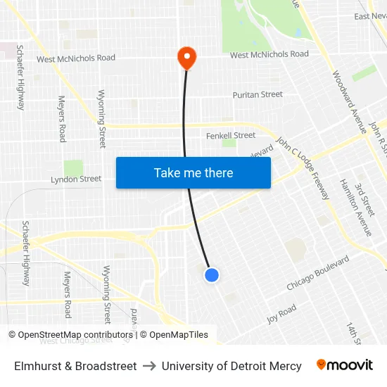 Elmhurst & Broadstreet to University of Detroit Mercy map