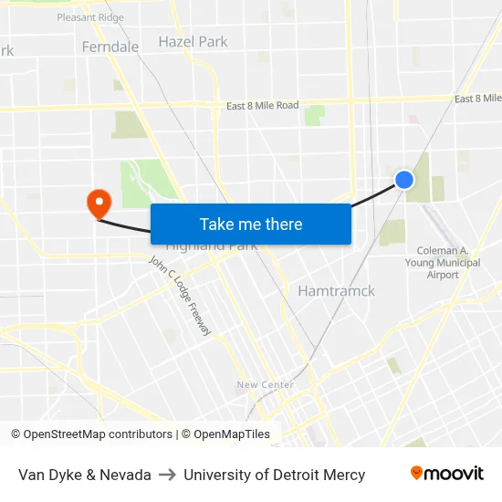 Van Dyke & Nevada to University of Detroit Mercy map