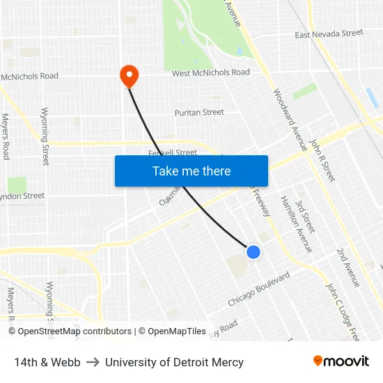 14th & Webb to University of Detroit Mercy map