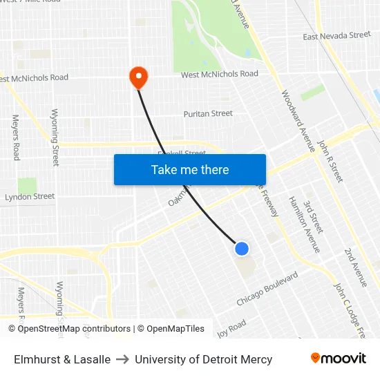 Elmhurst & Lasalle to University of Detroit Mercy map