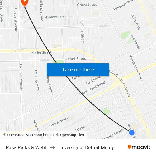 Rosa Parks & Webb to University of Detroit Mercy map