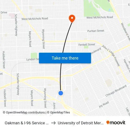 Oakman & I-96 Service Dr to University of Detroit Mercy map