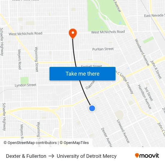 Dexter & Fullerton to University of Detroit Mercy map