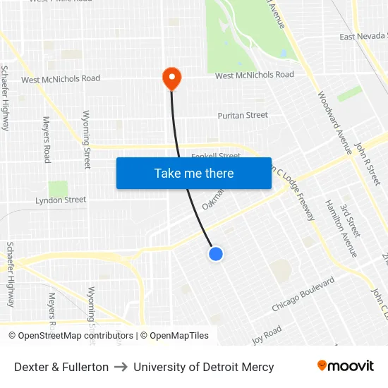 Dexter & Fullerton to University of Detroit Mercy map