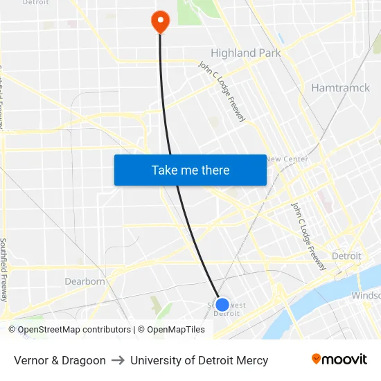 Vernor & Dragoon to University of Detroit Mercy map
