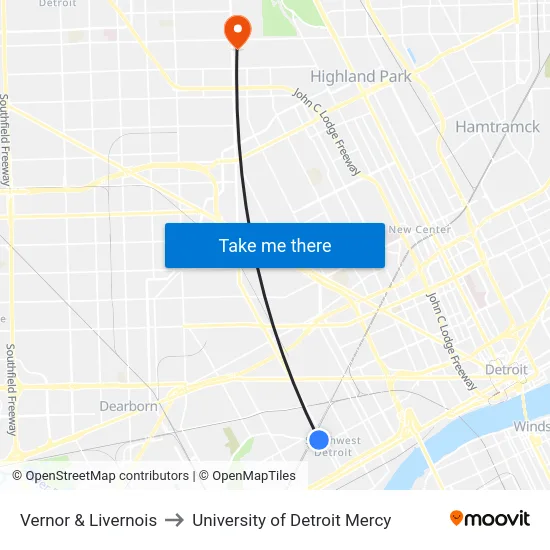 Vernor & Livernois to University of Detroit Mercy map