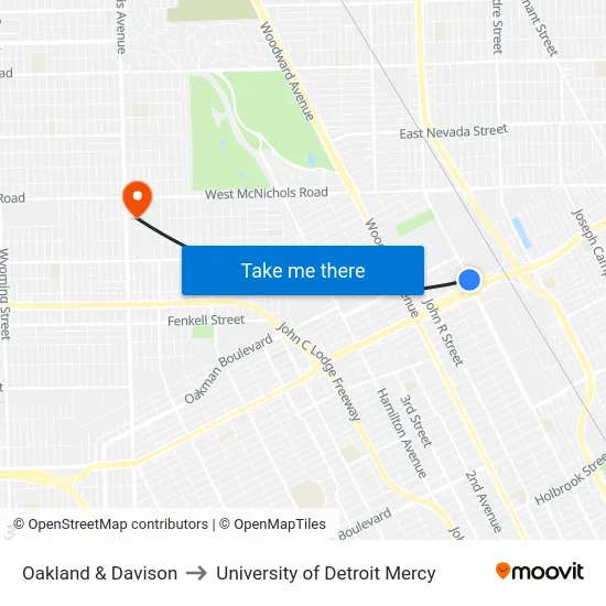 Oakland & Davison to University of Detroit Mercy map