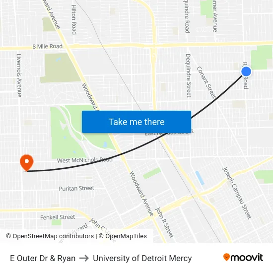 E Outer Dr & Ryan to University of Detroit Mercy map