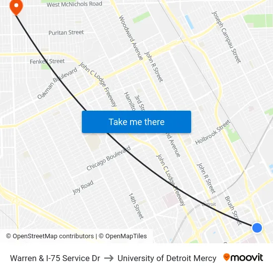 Warren & I-75 Service Dr to University of Detroit Mercy map