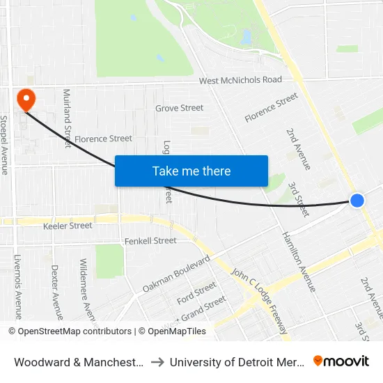 Woodward & Manchester to University of Detroit Mercy map