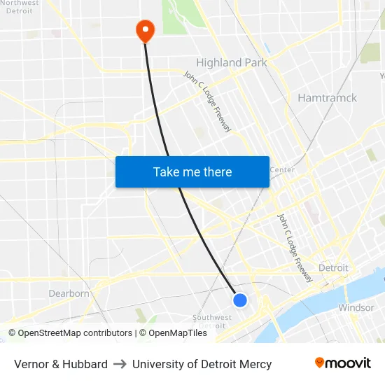 Vernor & Hubbard to University of Detroit Mercy map