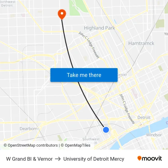 W Grand Bl & Vernor to University of Detroit Mercy map