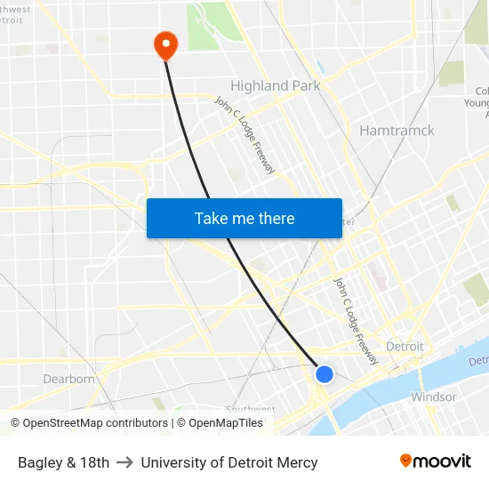Bagley & 18th to University of Detroit Mercy map