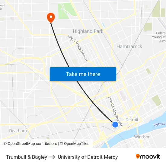 Trumbull & Bagley to University of Detroit Mercy map