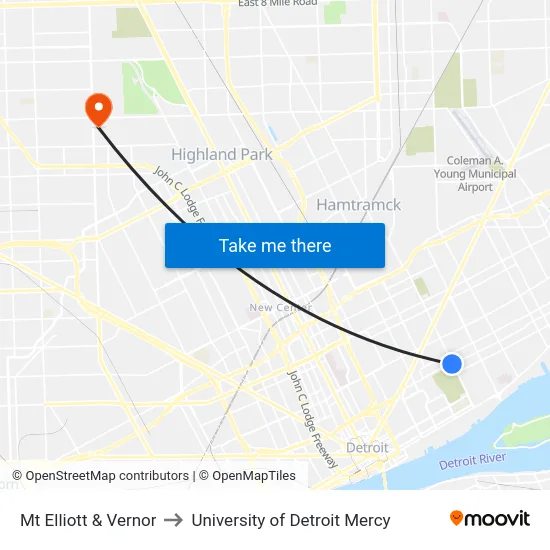 Mt Elliott & Vernor to University of Detroit Mercy map