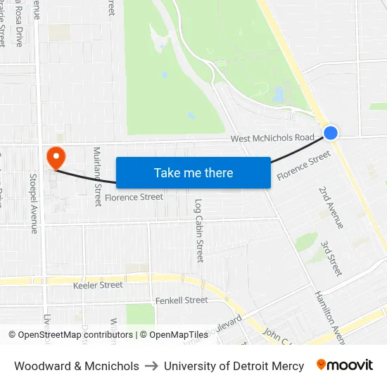 Woodward & Mcnichols to University of Detroit Mercy map