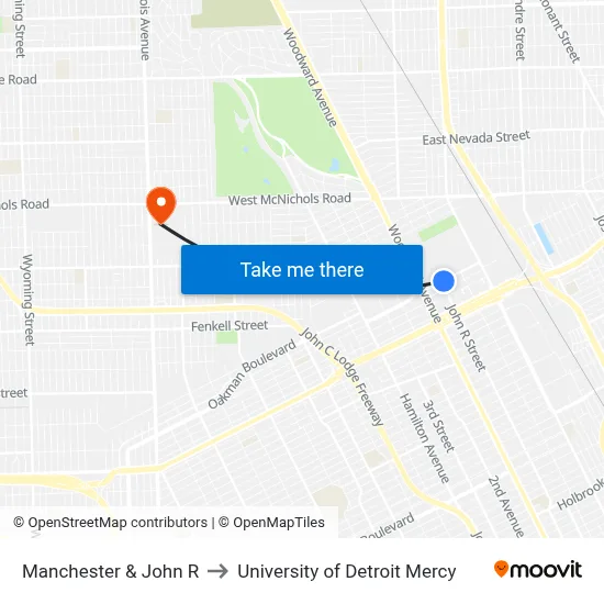 Manchester & John R to University of Detroit Mercy map