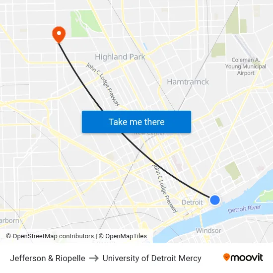 Jefferson & Riopelle to University of Detroit Mercy map