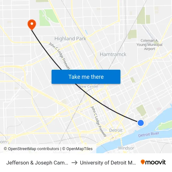 Jefferson & Joseph Campau to University of Detroit Mercy map