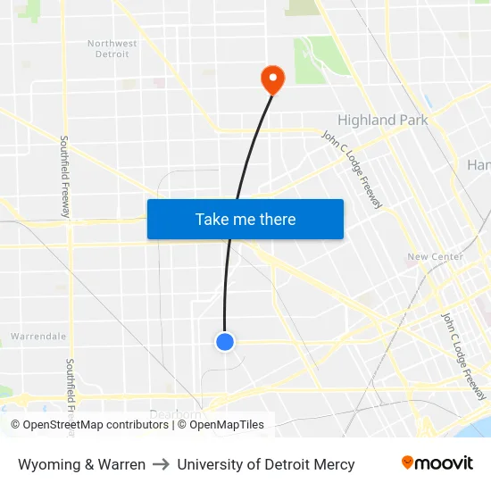 Wyoming & Warren to University of Detroit Mercy map