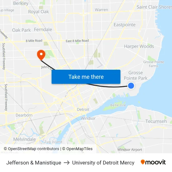 Jefferson & Manistique to University of Detroit Mercy map