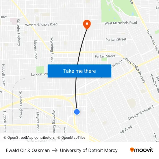 Ewald Cir & Oakman to University of Detroit Mercy map