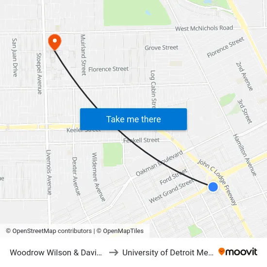 Woodrow Wilson & Davison to University of Detroit Mercy map