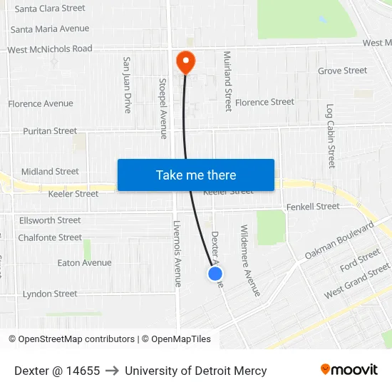 Dexter @ 14655 to University of Detroit Mercy map