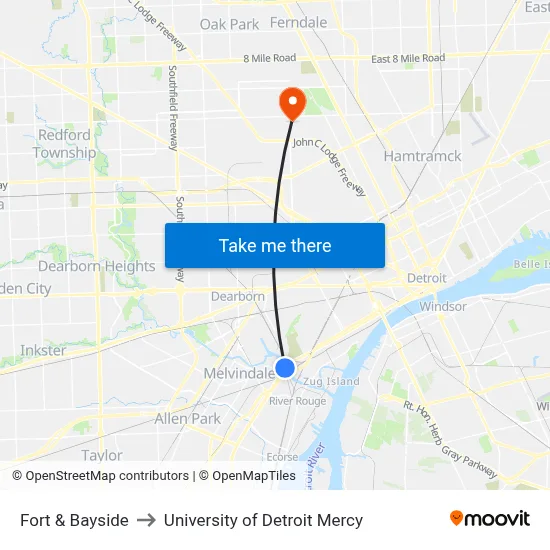Fort & Bayside to University of Detroit Mercy map