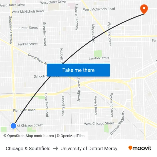 Chicago & Southfield to University of Detroit Mercy map