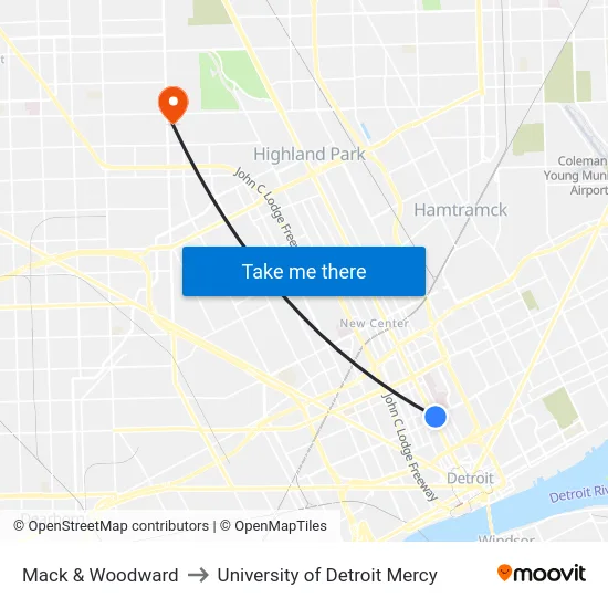Mack & Woodward to University of Detroit Mercy map