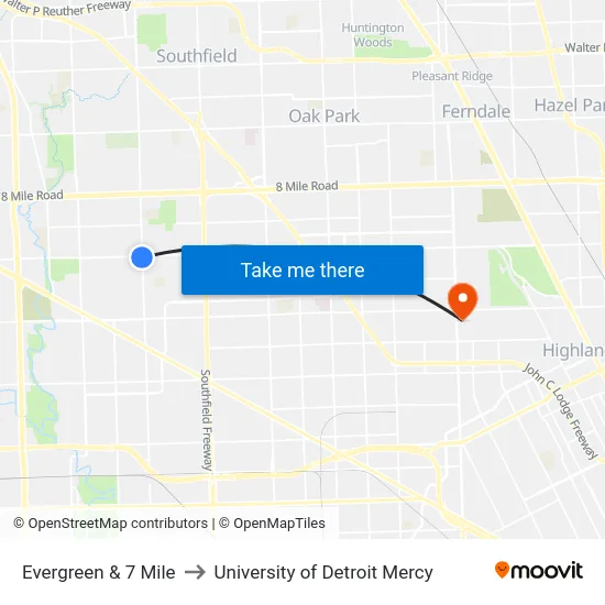 Evergreen & 7 Mile to University of Detroit Mercy map