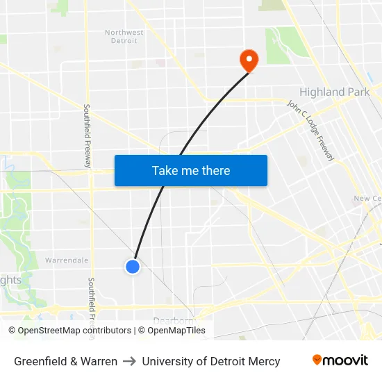 Greenfield & Warren to University of Detroit Mercy map