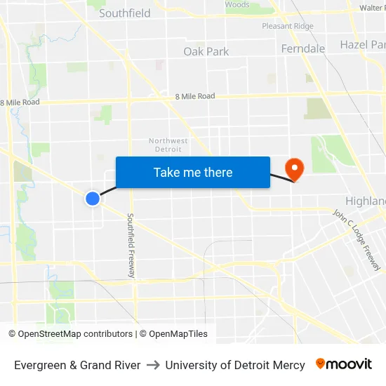Evergreen & Grand River to University of Detroit Mercy map