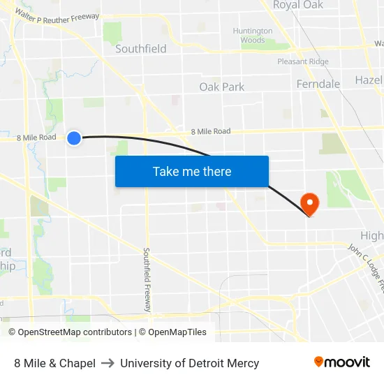 8 Mile & Chapel to University of Detroit Mercy map