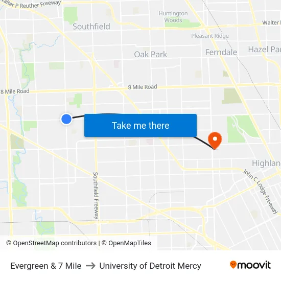 Evergreen & 7 Mile to University of Detroit Mercy map